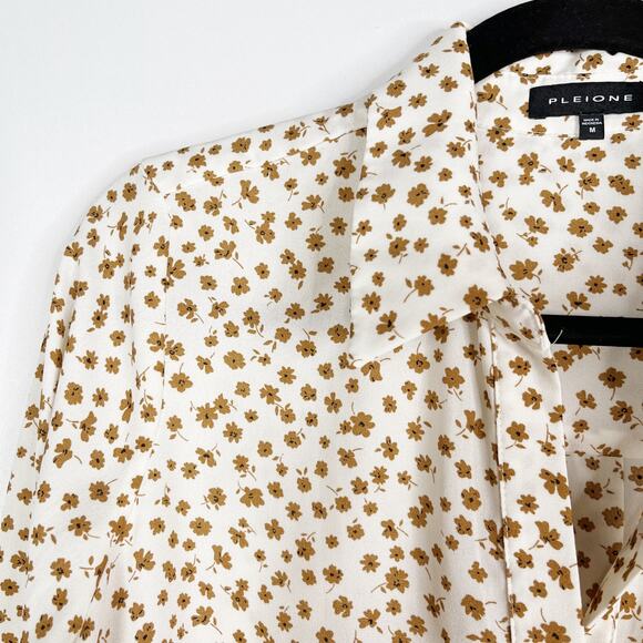 Pleione Medium Cream Orange Ditsy Floral Long Sleeve Blouse V Neck Pleated Back - Picture 6 of 10